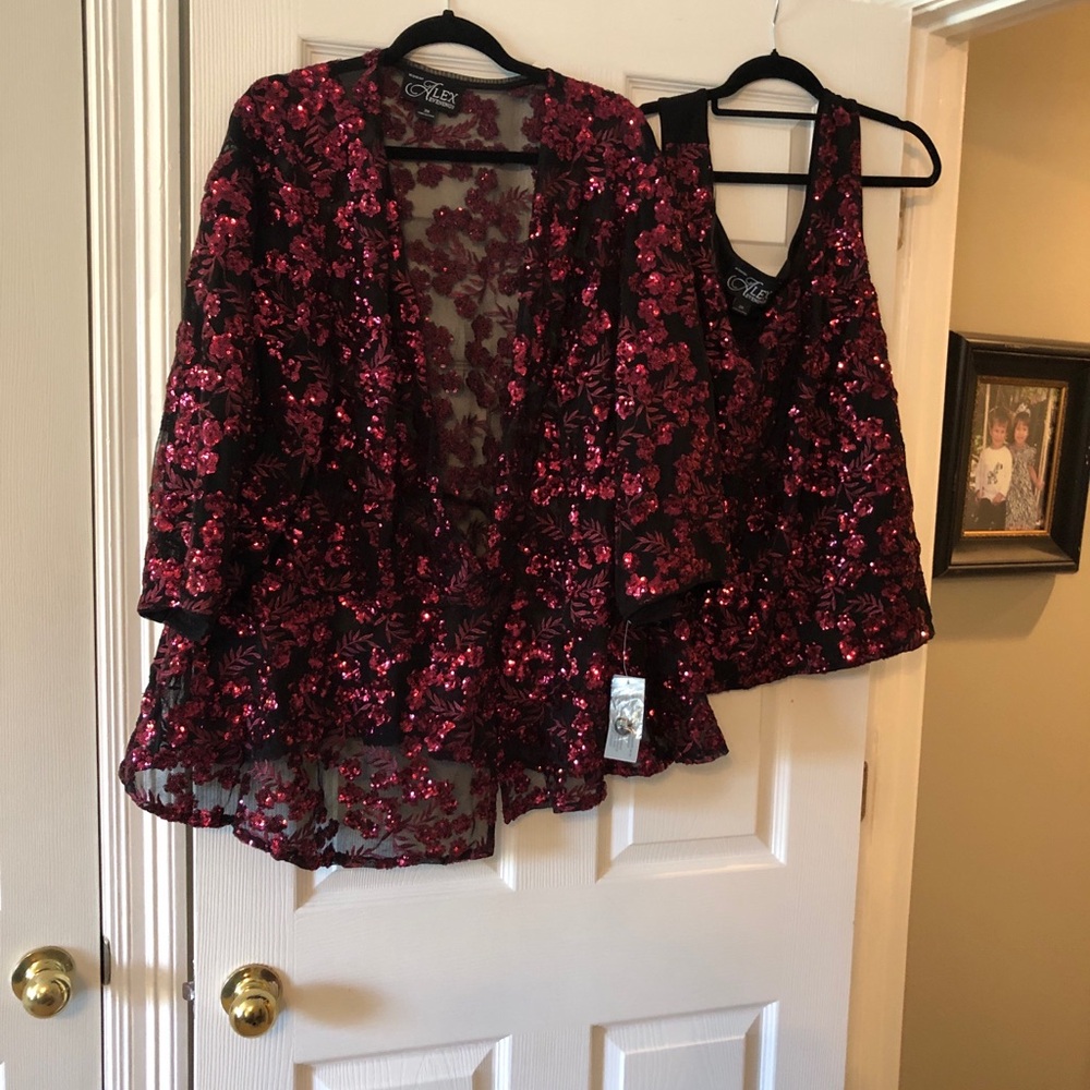 Alex Evenings Burgundy Sequin Jacket and Tank Top Set